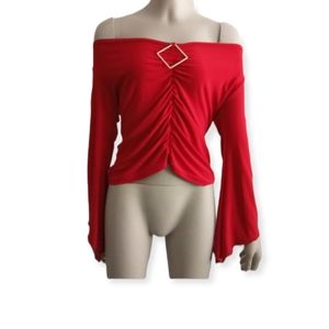 Vintage red off the shoulder top with bell statement sleeves size large